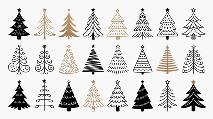 Collection of diverse hand-drawn christmas tree illustrations with various patterns and styles, festive holiday season graphic elements in black and gold tones for design.