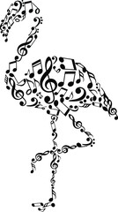 Elegant flamingo silhouette formed entirely from black musical notes and symbols on a white background
