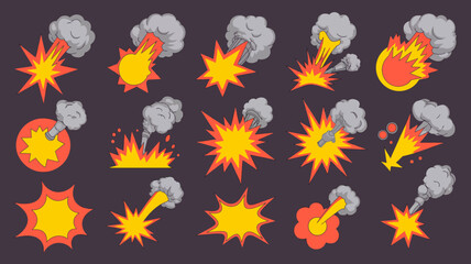 Collection of cartoon explosion and smoke effects with vibrant starbursts, fiery bursts, and billowing gray clouds, isolated vector illustrations for comic design elements.