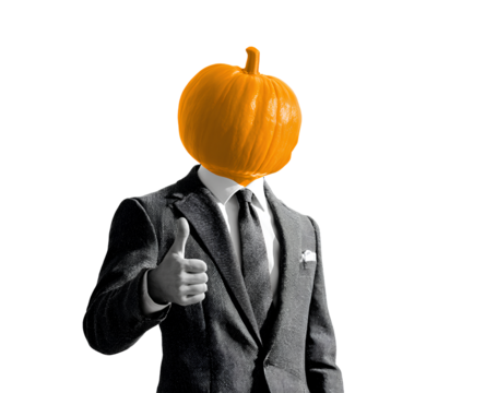 Surreal halloween head in a suit offering approval with thumbs up conveys positive feedback for october seasonal events and harvest festival