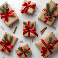 Christmas Presents Arranged with Pine Branches and Cinnamon Sticks