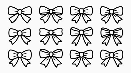 Outline illustration of twelve simple decorative bows, perfect for gifts, celebrations, holidays, fashion, and festive design elements in a minimal graphic style.