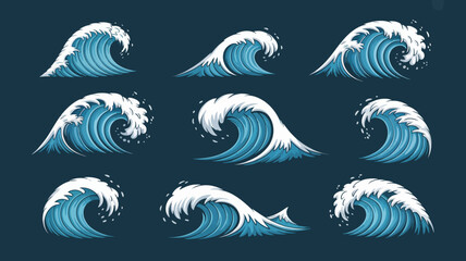 Illustrative collection of powerful ocean waves in various dynamic forms, featuring rolling swells, crashing white foam, and splashing water elements, ideal for marine and nautical design projects.
