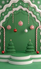 Festive Christmas New Year Green Background With Ornaments Trees Candy Canes And Snowflakes Decor