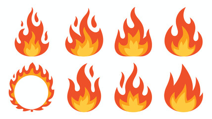 A collection of stylized fire and flame icons set, various vector shapes, including a fiery ring, perfect for depicting heat, energy, warning, and passion.