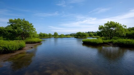 A calm river flows through a lush green wetland under a clear blue sky with scattered clouds