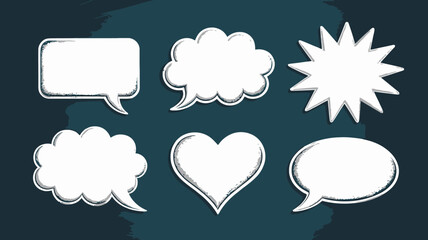 Set of hand-drawn white speech and thought bubbles, including a heart and starburst, with stippled outlines and shadows, great for dialogue, comics, and messages.