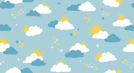 Cute seamless pattern of cartoon suns clouds moon and stars on a blue sky background.