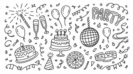 Hand-drawn doodle set of celebratory party elements: birthday cakes, balloons, confetti, disco ball, champagne glasses, sparklers, and party hats. festive event design