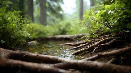 Atmospheric close up of gentle rain falling on tangled tree roots and lush green foliage beside a tranquil forest stream