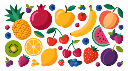 Assortment of vibrant, colorful, and fresh flat vector fruit illustrations, featuring tropical and common varieties, perfect for healthy eating designs and summer concepts.