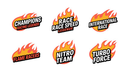 Collection of six dynamic racing and speed themed logos featuring bold typography and fiery flame elements, ideal for sports events, automotive brands and teams.