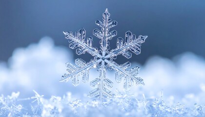Macro shot of a delicate, crystalline snowflake on a soft, blurred, snowy background
