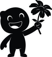Joyful cartoon character silhouette holding a blooming flower with a wide happy smile and open mouth