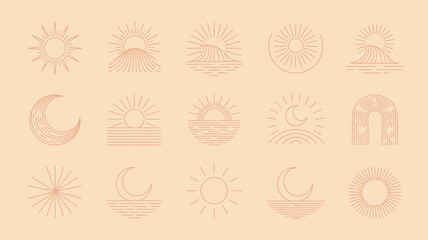 Collection of minimalist abstract sun, moon, wave, and mountain line art icons for bohemian designs, spiritual themes, and modern branding elements with artistic flair.