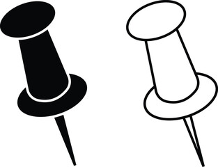 Push pin and thumbtack icon set for office, map, and reminder design in minimalist black and white vector style with transparent background