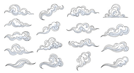 A collection of hand drawn stylized clouds in varying shapes and forms evoking a sense of movement and atmospheric artistry.