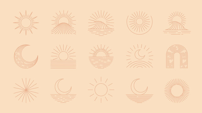 Collection of minimalist abstract sun, moon, wave, and mountain line art icons for bohemian designs, spiritual themes, and modern branding elements with artistic flair.