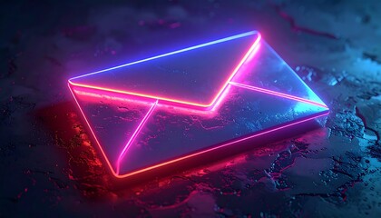Glowing envelope icon on textured, reflective surface with neon pink and blue light creating vivid highlights