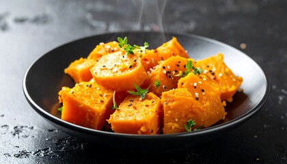 Roasted Butternut Squash Cubes with Herbs on Dark Plate.