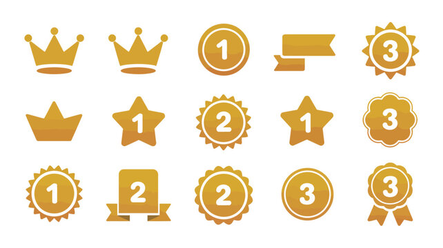 Golden award crown medal and ranking vector icon set. first second third place achievement success quality premium winner champion symbols collection illustration.