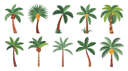 Collection of diverse cartoon palm trees in flat vector style, featuring various leaf shapes and coconut fruits, ideal for tropical and summer designs.