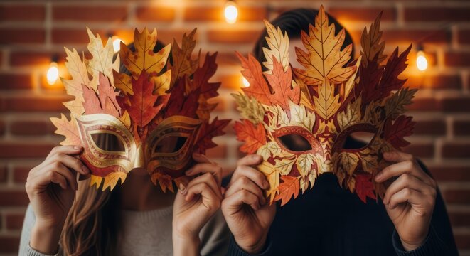 Couple holding autumn leaf masks in cozy festive setting