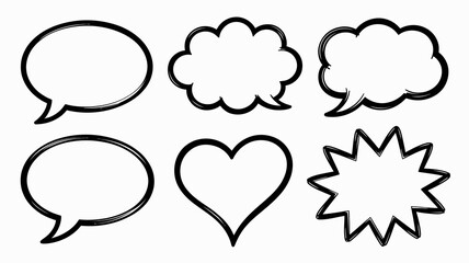 Hand drawn speech bubbles, thought clouds, heart, and starburst shapes set with doodle texture. perfect for comic dialogue, communication, and social media content