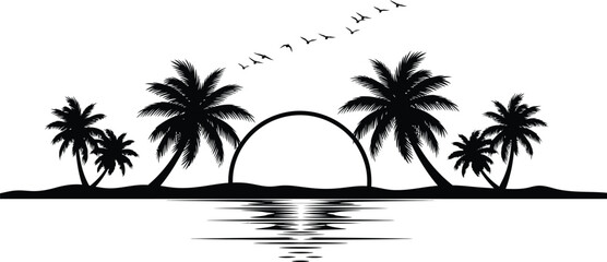 Silhouetted palm trees and archway reflecting on water with birds flying in a tropical sunset scene