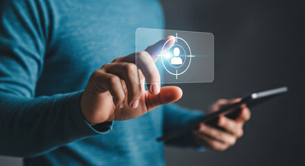 Person Targeting Digital User Interface on Futuristic Screen.