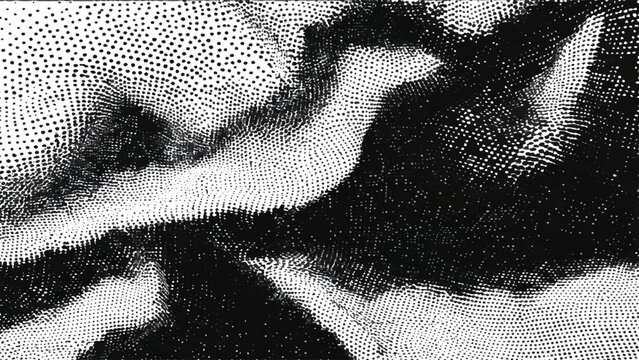Abstract monochrome halftone pattern with organic flowing wave like shapes isolated on transparent background, Vector, illustration.