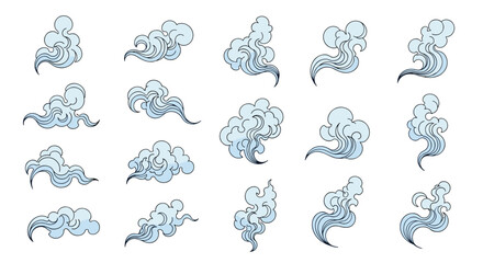 Naklejka premium A collection of diverse stylized vapor and smoke illustrations in a traditional Japanese art style.