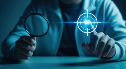Person with Magnifying Glass and Digital Target Symbol.
