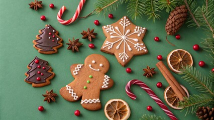 Festive Christmas And New Year Holiday Baking Delights And Traditional Decorations On Green Background