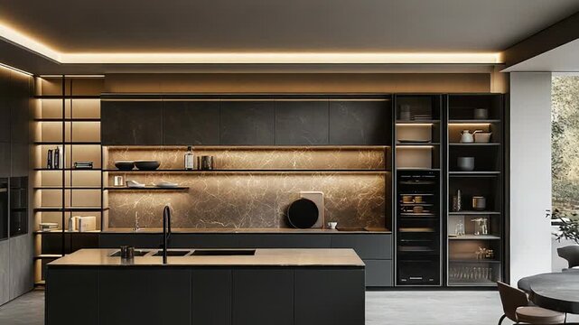 Modern dark luxury kitchen interior with marble accents