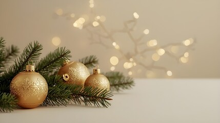 Christmas Composition with Gold Baubles and Fir Branch on Beige Background