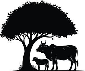 Silhouette of a mother cow and calf standing under a large leafy tree in a peaceful natural setting