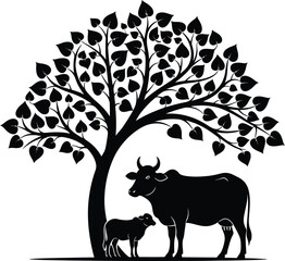 Silhouette of a mother cow and calf standing under a large leafy tree in black and white
