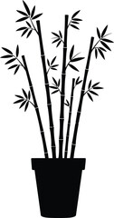 Silhouette of a potted bamboo plant with multiple stalks and leaves against a white background