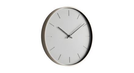 Silver round wall clock with a white face, featuring minimalist hour markers and sleek hands, a modern timekeeping device for home or office decor, offering precise time display