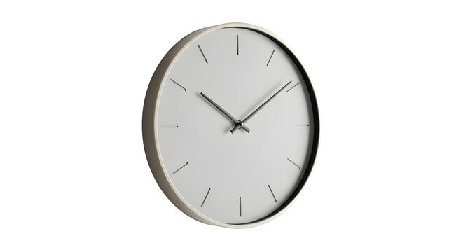 Silver round wall clock with a white face, featuring minimalist hour markers and sleek hands, a modern timekeeping device for home or office decor, offering precise time display