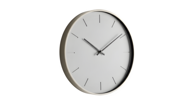 Silver round wall clock with a white face, featuring minimalist hour markers and sleek hands, a modern timekeeping device for home or office decor, offering precise time display
