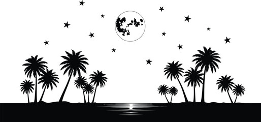 Silhouette of palm trees and stars under a full moon with reflection on the ocean
