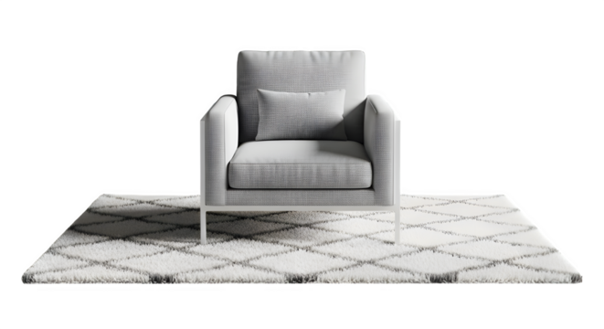 Elegant armchair with a textured gray fabric, placed on a stylish white rug with a geometric diamond pattern, the scene exudes modern comfort and design sophistication, perfect for showcasing interior - Powered by Adobe