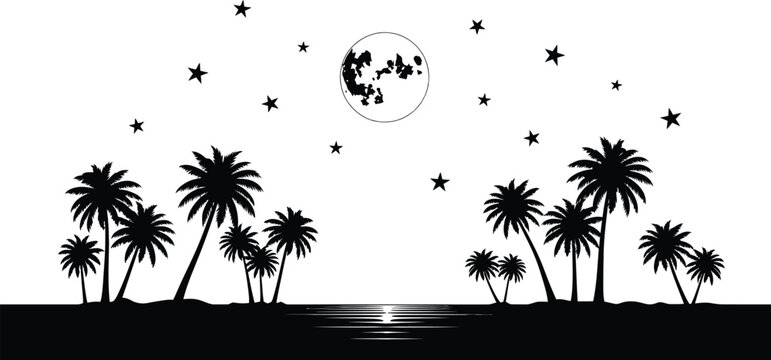 Silhouette of palm trees and stars under a full moon with reflection on the ocean