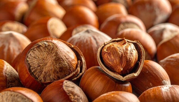 Macro shot of a pile of hazelnuts with their shells, some cracked open, revealing the nut's interior