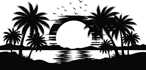 Silhouette of tropical palm trees and birds flying over a sunlit ocean horizon at sunset