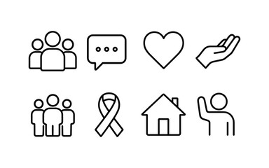 Obraz premium Essential minimalist line icons: community, support, awareness, home, and communication