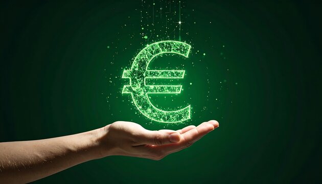 Glowing Euro symbol above a hand against a dark green background, emitting particles