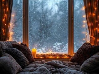 Cozy Winter Window with Blankets and Snow Outside